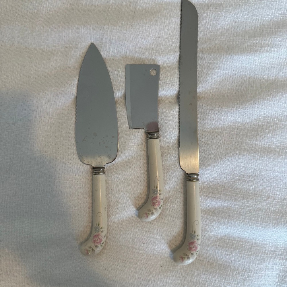 Vintage Sheffield England Floral Serving Set Cake Server Bread Knife Cleaver